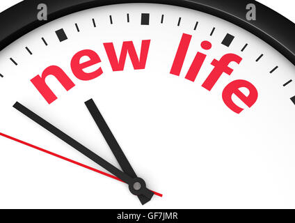 Time for a new lifestyle concept with a clock and new life word and sign printed in red 3d render image. Stock Photo