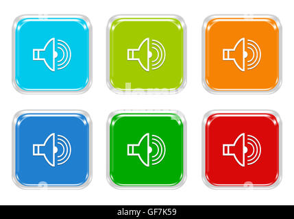 Set of squared colorful buttons with speaker symbol in blue, green, red and orange colors Stock Photo