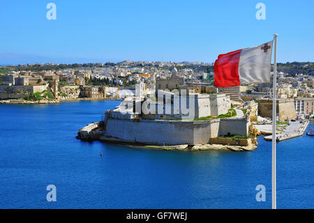 Maltese flag in Valletta and Senglea top view Stock Photo