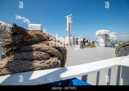 mooring lines and ropes on a ferry connecting Sicily and Calabria, Stock Photo