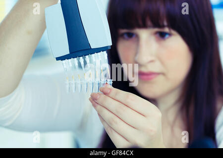 medical or scientific researcher or doctor working with a pipette, biological samples and a well tray in a laboratory Stock Photo