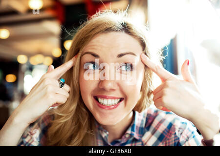 Girl, emotions, make up, joy, smart, sight, positive Stock Photo