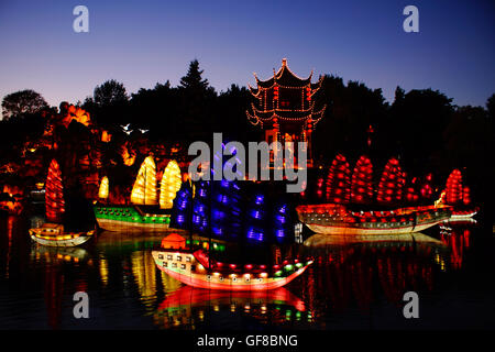 The seven voyages of Zheng He is the theme for the Chinese Lanterns at the Montreal Botanical Gardens. Quebec - Canada. Stock Photo