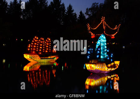 The seven voyages of Zheng He is the theme for the Chinese Lanterns at the Montreal Botanical Gardens. Quebec - Canada. Stock Photo