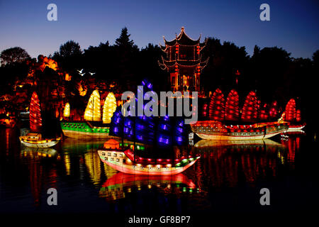 The seven voyages of Zheng He is the theme for the Chinese Lanterns at the Montreal Botanical Gardens. Quebec - Canada. Stock Photo