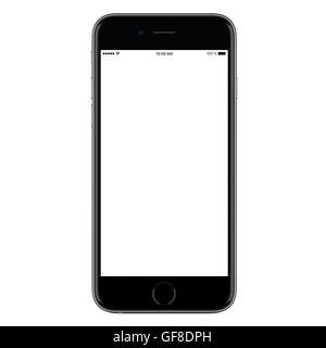 Directly front view of a modern black mobile smart phone mockup with blank screen isolated on white background. Stock Photo