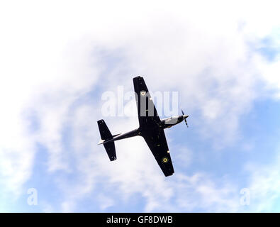 An RAF Tucano T1 Pilot Training Turboprop Aircraft In Flight Over Yorkshire Dales National Park England United Kingdom UK Stock Photo