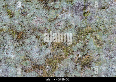 Texture background. Shapes and colors of the cracks and crevices of an old stone wall covered in lichen Stock Photo
