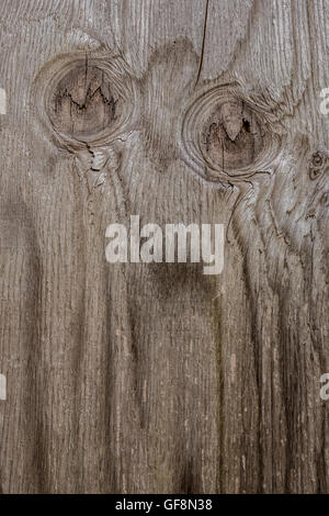 Knots and cracks in a panel of wood seem to resemble the eyes of an owl Stock Photo