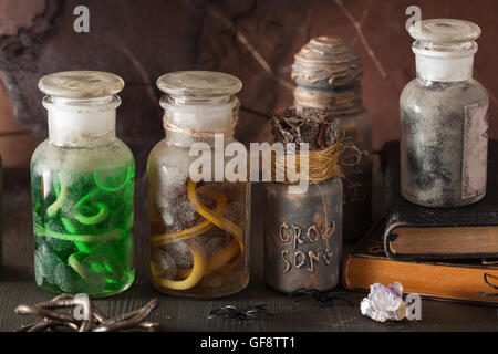 witch apothecary jars magic potions halloween decoration Stock Photo