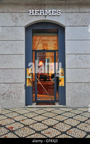 LISBON, PORTUGAL - DECEMBER 27: Hermes flagshop store in Lisbon district Bairro Alto on december 27, 2013. Hermes is a luxury fr Stock Photo