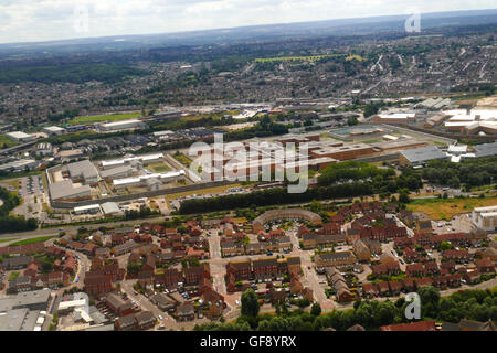 HM Prison Belmarsh, a category A mens prison in Thamesmeade, south east London from aeropane landing at City Airport Stock Photo