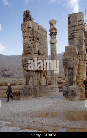 Tourist at the Gate of Xerxes, Persepolis, Iran 690125 008 Stock Photo