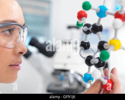 PROPERTY RELEASED. MODEL RELEASED. Scientist understanding a chemical formula by using a molecular model in a laboratory. Stock Photo