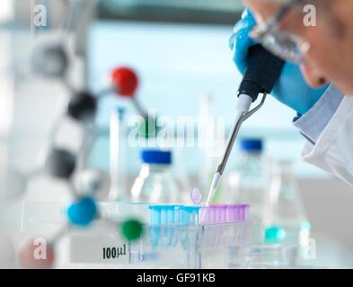 MODEL RELEASED. Scientist pipetting a chemical sample into a vial during an experiment in a laboratory. Stock Photo
