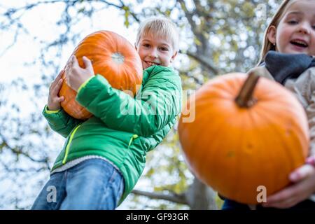 MODEL RELEASED. Children carrying pumpkins in park, smiling, portrait. Stock Photo