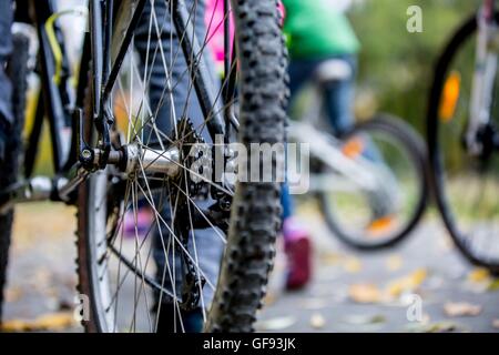 MODEL RELEASED. Family cycling together in autumn. Stock Photo