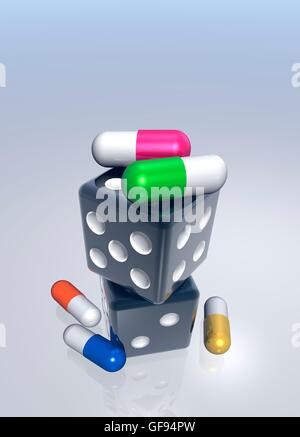 Capsules on top of dice, illustration. Stock Photo