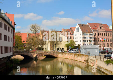 View from Schleifersteg bridge over Pegnitz river towards Trodelmarkt in Nuremberg Stock Photo