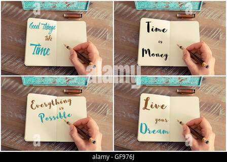Photo collage of handwritten motivational messages Good Things Take Time, Time Is Money, Everything Is Possible, Live Your Dream. Stock Photo