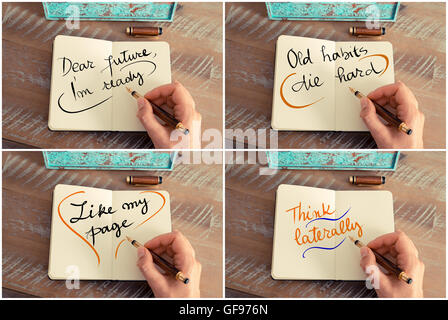 Photo collage of handwritten motivational messages Dear Future I am Ready, Old Habits Die Hard, Like My Page, Think Laterally Stock Photo