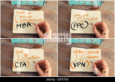 Photo collage of business acronyms and messages. Stock Photo