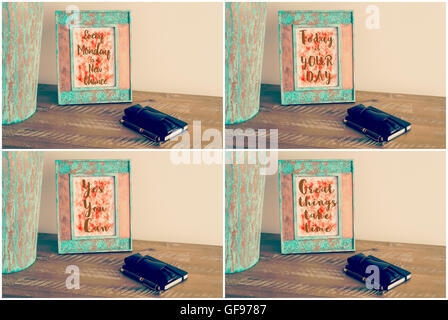 Photo collage of Vintage photo frames with motivational messages Every Monday Is A New Chance, Today Is Your Day, Yes You Can, Great Things Take Time Stock Photo