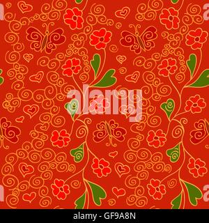 Seamless pattern with flowers, butterflies and hearts. Vitrage style. Stock Vector