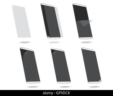 White smart phones protection film on screen set different angles. Vector illustration. EPS 10.  No gradients. Raw materials are Stock Vector