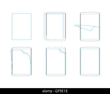 Set apply screen protector flat icons  outline vector illustration EPS Stock Vector