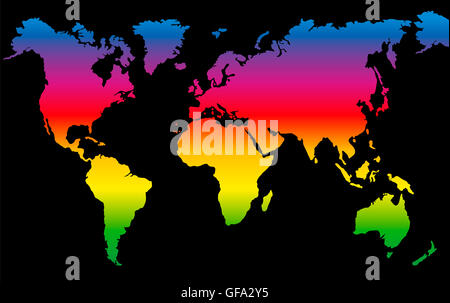 Rainbow colored world map on black background. Stock Photo