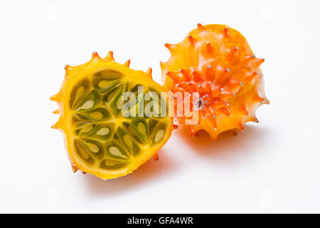 Cucumis metuliferus, horned melon or kiwano isolated on a white studio background. Stock Photo