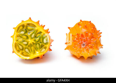 Cucumis metuliferus, horned melon or kiwano isolated on a white studio background. Stock Photo