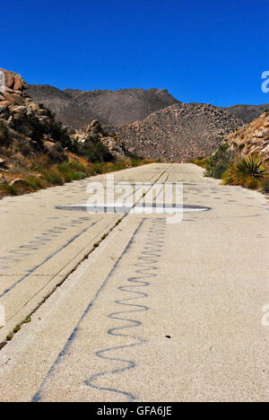 Painting on ruins of old desert highway through mountains Stock Photo