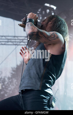 Oulu, Finland. 29th July, 2016. Amorphis perform at the Qstock Festival in Oulu, Finland. Credit:  Stefan Crämer/Alamy Live News Stock Photo
