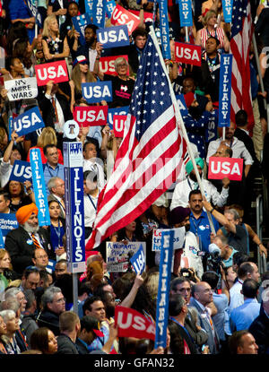Philadelphia, Us. 28th July, 2016. Flags and signs during the fourth session of the 2016 Democratic National Convention at the Wells Fargo Center in Philadelphia, Pennsylvania on Thursday, July 28, 2016. Credit: Ron Sachs/CNP (RESTRICTION: NO New York or New Jersey Newspapers or newspapers within a 75 mile radius of New York City) - NO WIRE SERVICE - © dpa/Alamy Live News Stock Photo