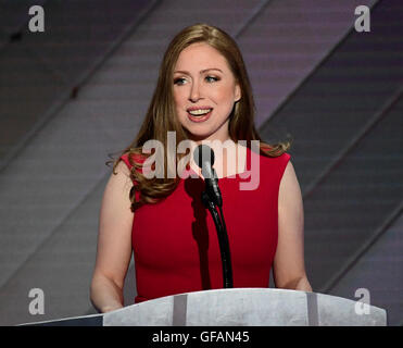 Philadelphia, Us. 28th July, 2016. Chelsea Clinton introduces her mother during the fourth session of the 2016 Democratic National Convention at the Wells Fargo Center in Philadelphia, Pennsylvania on Thursday, July 28, 2016. Credit: Ron Sachs/CNP (RESTRICTION: NO New York or New Jersey Newspapers or newspapers within a 75 mile radius of New York City) - NO WIRE SERVICE - © dpa/Alamy Live News Stock Photo