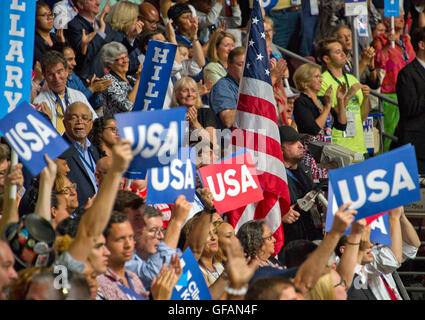 Philadelphia, Us. 28th July, 2016. Signs and flags during the fourth session of the 2016 Democratic National Convention at the Wells Fargo Center in Philadelphia, Pennsylvania on Thursday, July 28, 2016. Credit: Ron Sachs/CNP (RESTRICTION: NO New York or New Jersey Newspapers or newspapers within a 75 mile radius of New York City) - NO WIRE SERVICE - © dpa/Alamy Live News Stock Photo