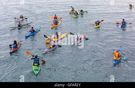 Swanage, Dorset, UK. 30th July, 2016. Many kayakers in different coloured kayaks enjoy a ride at Swanage Bay in July.  Credit:  Carolyn Jenkins/Alamy Live News Stock Photo
