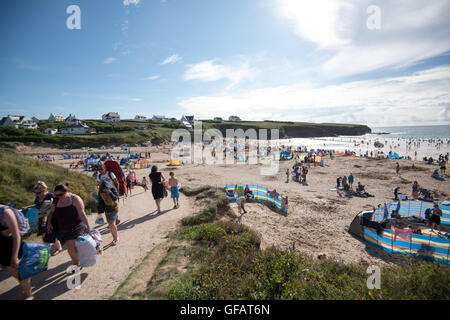 Treyarnon Bay, Padstow, Cornwall, UK. 30th July, 2016. Weather of the Day - Holiday makers crowd onto the Beach, At Treyarnon Bay, Cornwall, UK. Holiday makers bask in the warm waters as summer finally arrives in cornwall. school holidays. [saturday 30th July 2016] Credit:  @camerafirm/Alamy Live News Stock Photo