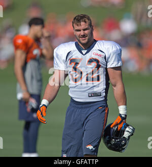 Englewood, Colorado, USA. 30th July, 2016. Denver Broncos FB ANDY JANOVICH readies himself for drills during the 3rd. day of Training Camp at Dove Valley Friday morning. Credit:  Hector Acevedo/ZUMA Wire/Alamy Live News Stock Photo