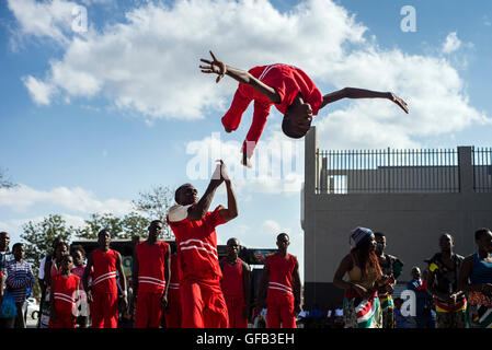 Acrobats and dancers make the performance dedicated to International Day against Drug Abuse and Illicit Trafficking in Lusaka, Zambia. Stock Photo