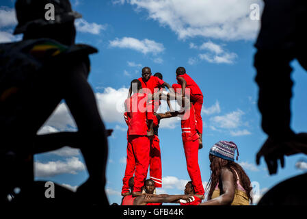 Acrobats and dancers make the performance dedicated to International Day against Drug Abuse and Illicit Trafficking in Lusaka, Zambia. Stock Photo