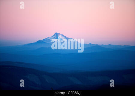 Mt. Jefferson, viewed at dusk from the Historic Timberline Lodge on Mount Hood, Oregon. Stock Photo