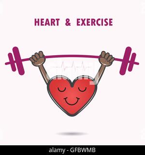 Smile heart shape with the barbell on background.Heart Care logo.Healthcare & Medical concept.Sport and lifestyle icon. Vector Stock Vector