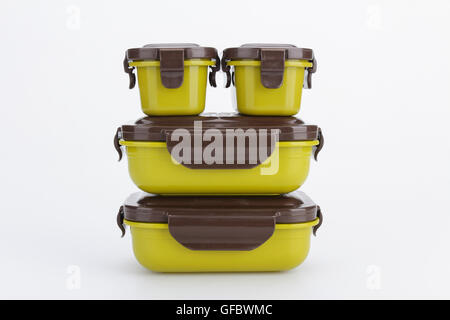 Stack of food plastic containers isolated on white Stock Photo