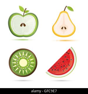 Fruit set. Pear, apple, watermelon, kiwi. Vector illustration. Fruit isolated on white background. Stock Vector