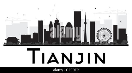 Tianjin City skyline black and white silhouette. Vector illustration. Simple flat concept for tourism presentation, banner Stock Vector