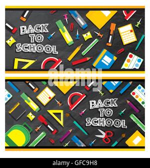 Set of back to school banners. School supplies on blackboard background. Vector illustration. Stock Vector