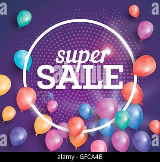 Super Sale poster on pink background with flying balloons and white circle frame. Vector illustration. Sale banner with halftone Stock Vector